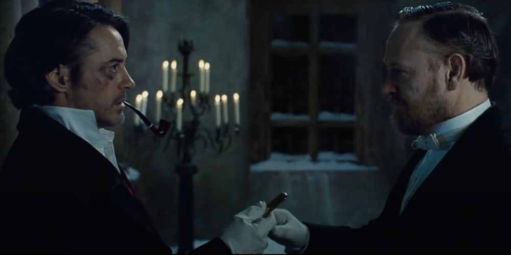 Sherlock Holmes confronta James Moriarty no final de Sherlock Holmes: A Game of Shadows