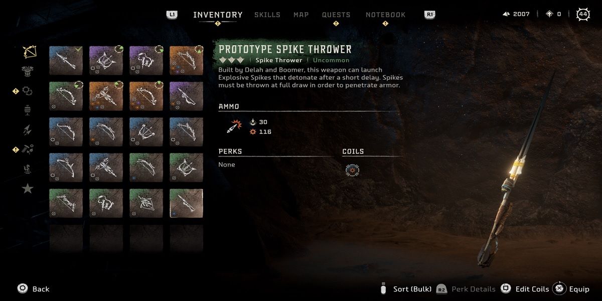 A screenshot of Horizon Forbidden West's Prototype Spike Thrower