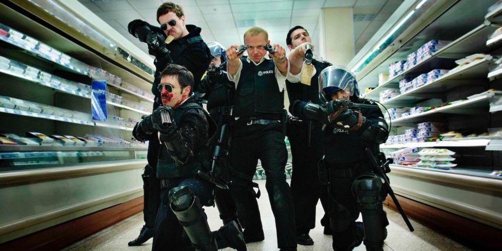 Nicholas Angel and the police fight in the supermarket Hot Fuzz movie