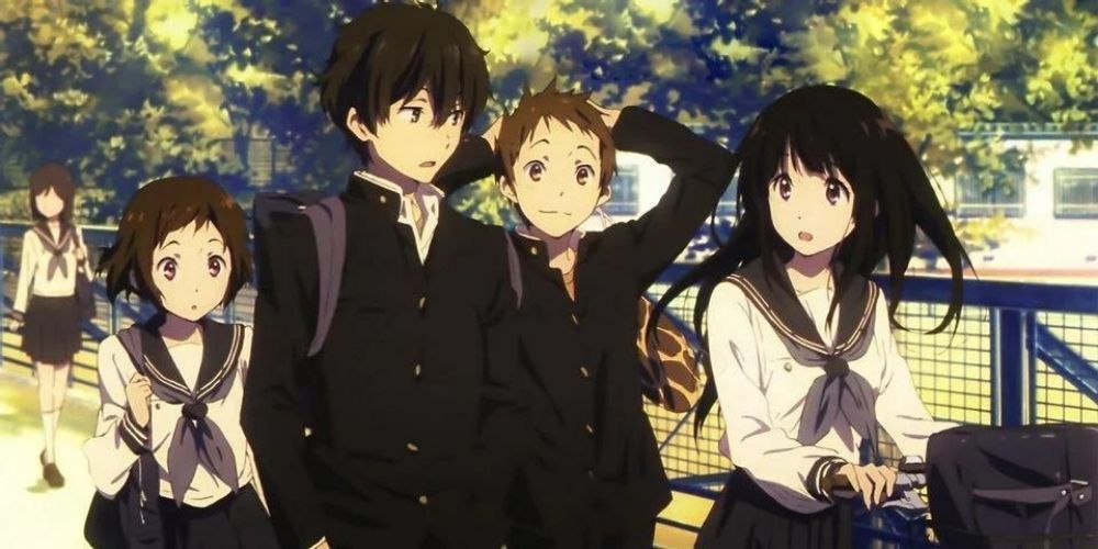 Houtarou walking home with the other Classic Literature Club members in Hyouka