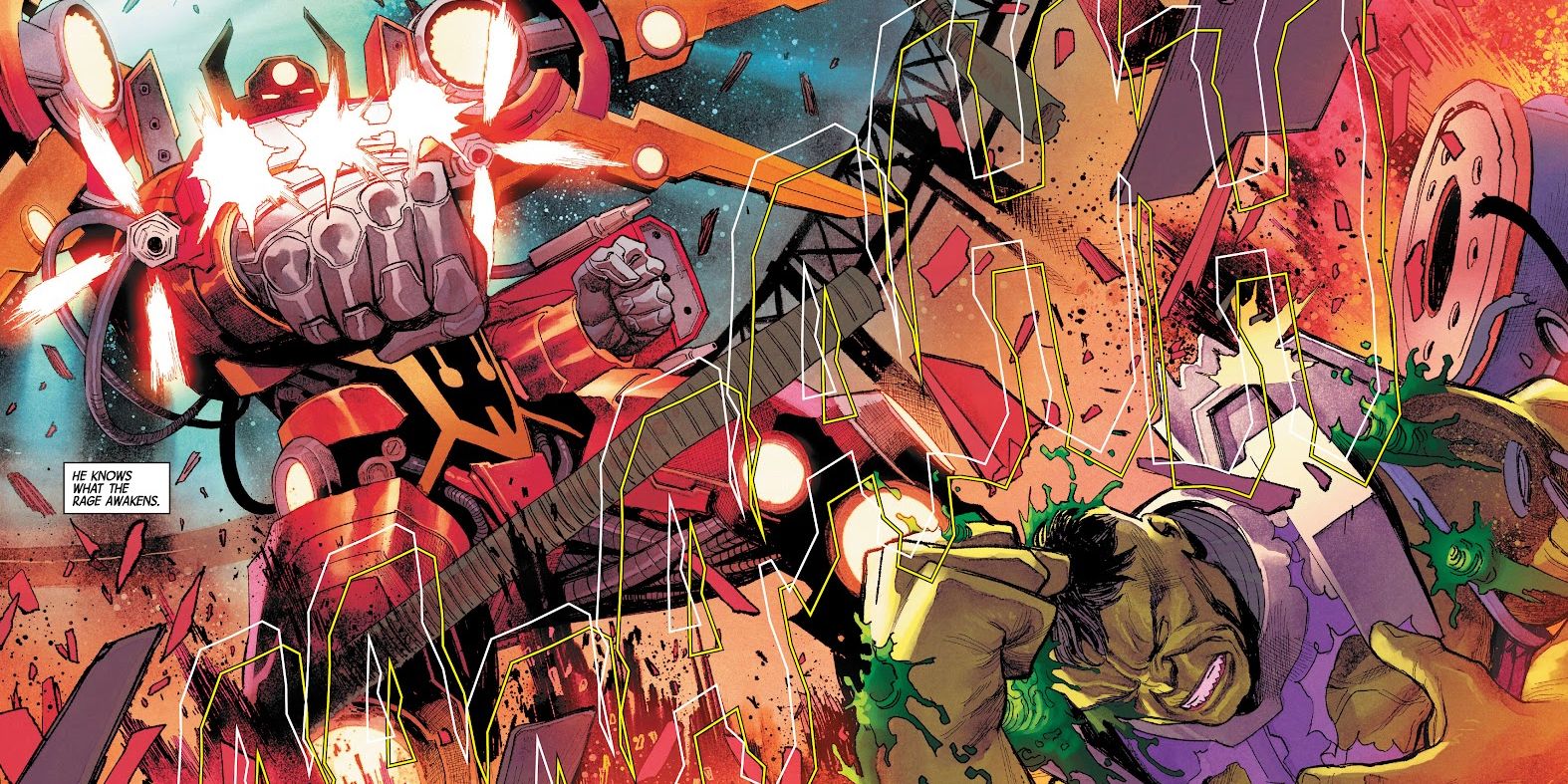 A Celestial-inspired Hulkbuster Iron Man armor firing a full salvo of rockets at a recoiling Hulk.