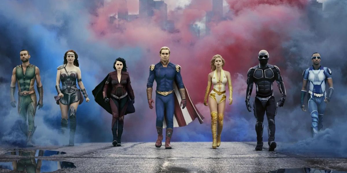 The Seven walking in their superhero suits through colorful fog  - The Boys