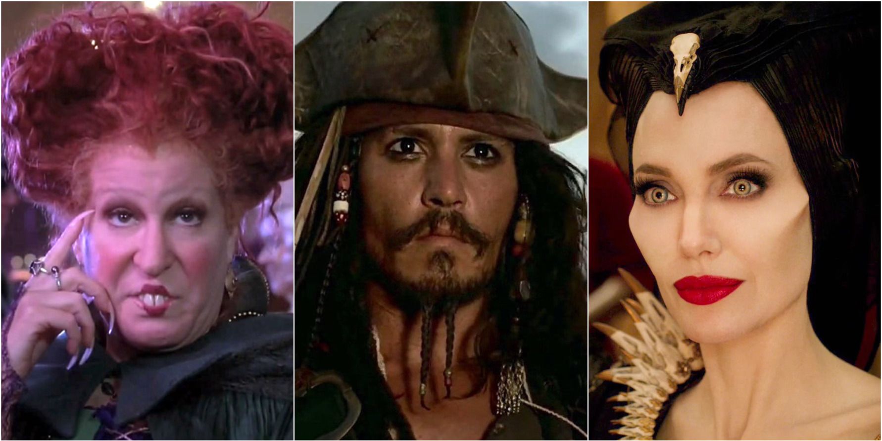 Bette Midler as winifred, Johnny Depp as Jack Sparrow, and Angelina Jolie as Maleficent