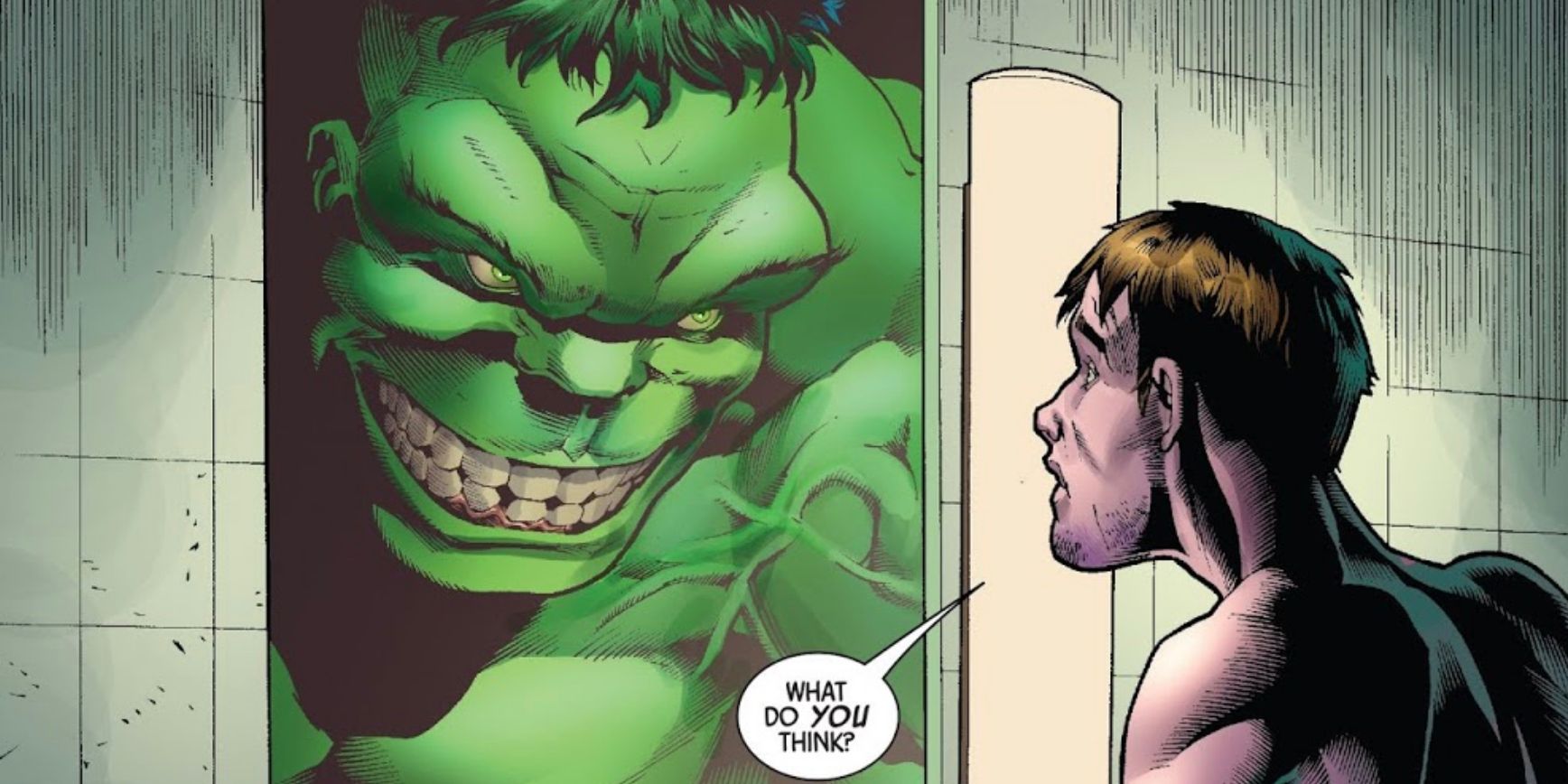 Bruce Banner looking in the mirror at a grinning reflection of the Hulk, asking "What do you think?"