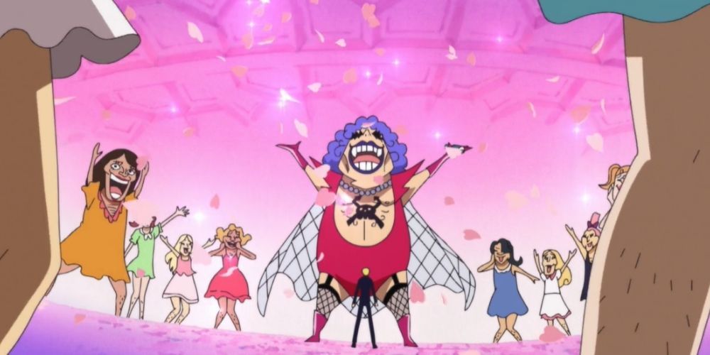 Ivankov with fellow okama presenting Sanji with a challenge in One Piece.