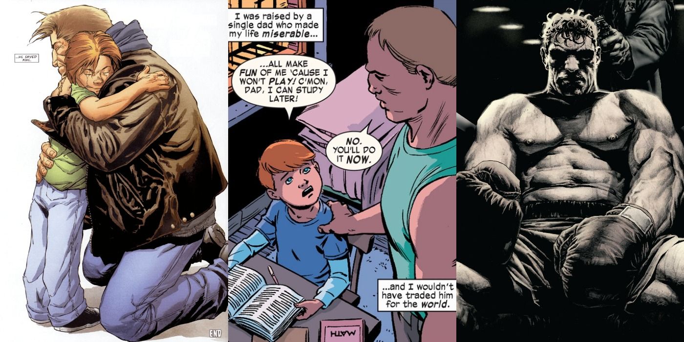 Split image of Daredevil's father Jack Murdock with Matt and preparing to box in Marvel Comics