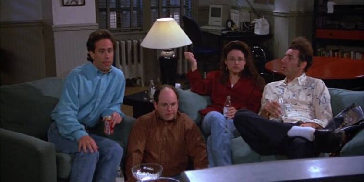 Jerry, Elaine, George, and Kramer watch TV in Seinfeld