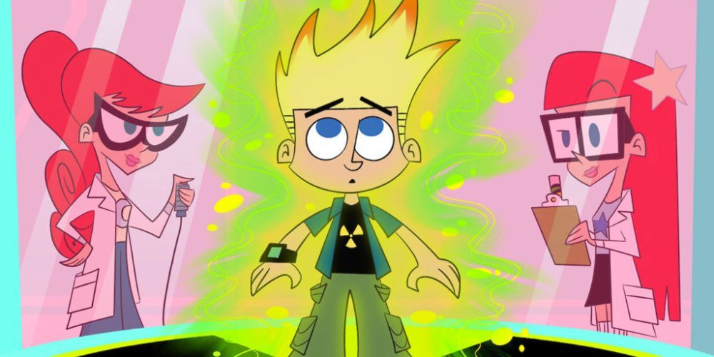 Johnny Test in the test chamber while his twin sisters look on and take notes