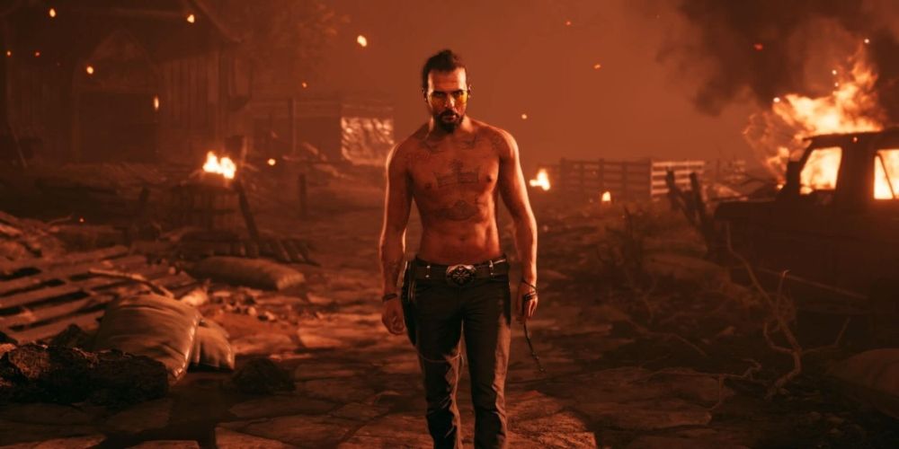 Joseph Seed in a devastated Hope County Far Cry 5 game.