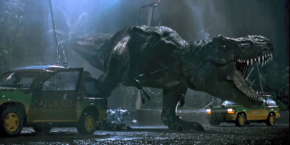 The t-rex roars in Jurassic Park