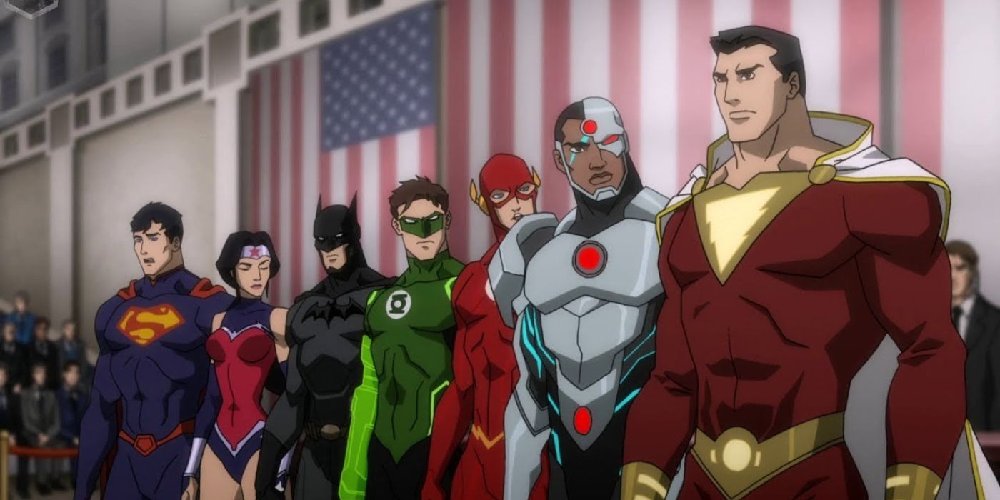 Liga da Justiça DCAMU – Da esquerda para a direita (Superman, Mulher Maravilha, Batman, Lanterna Verde, The Flash, Cyborg, Shazam)