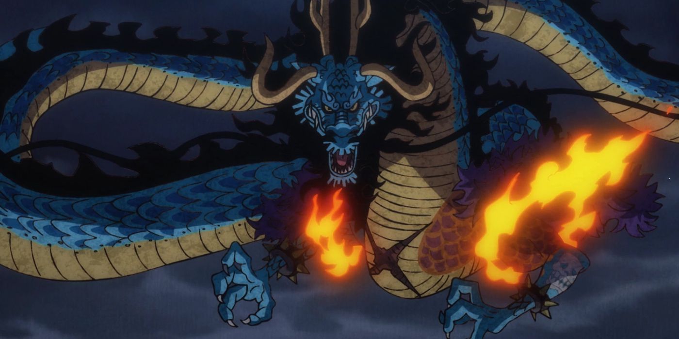 Kaido is in his full dragon form above Onigashima In One Piece.