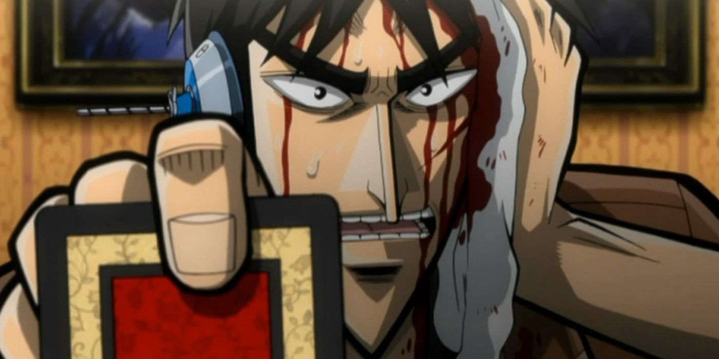 Kaiji bleeding and playing a card game in Gyakkyou Burai Kaiji.