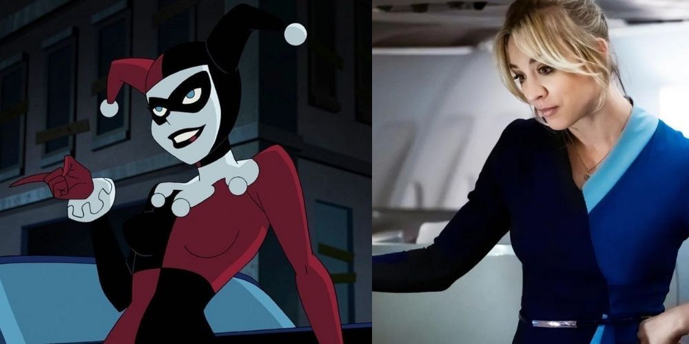 A split image of Harley Quinn and Kaley Cuoco in The Flight Attendant