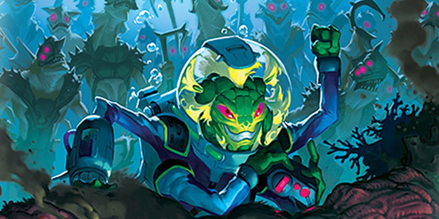 A Martian surrounded by creatures in Keyforge