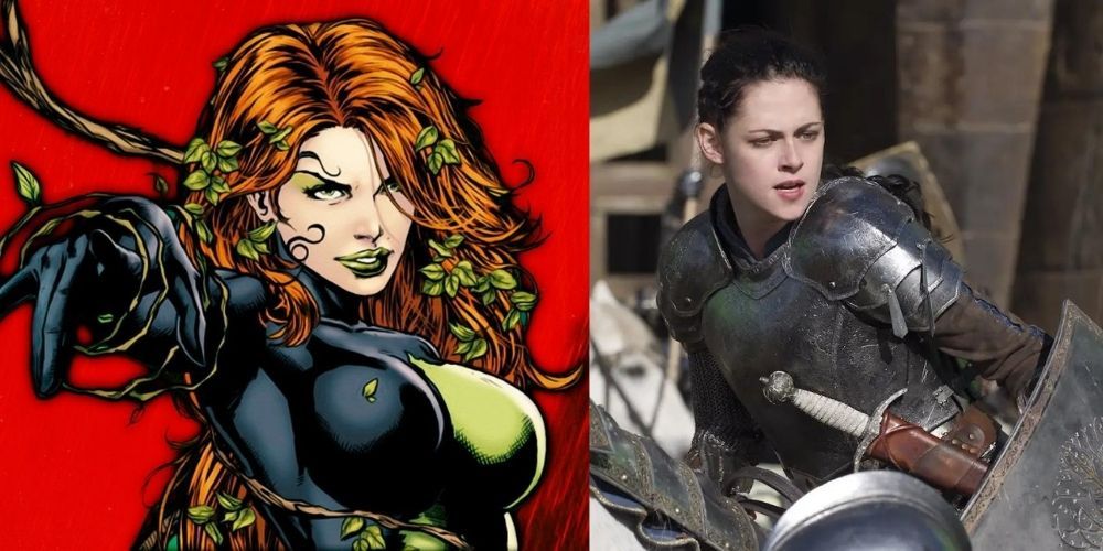 A split image of Poison Ivy and Kristen Stewart in Snow White and The Huntsman