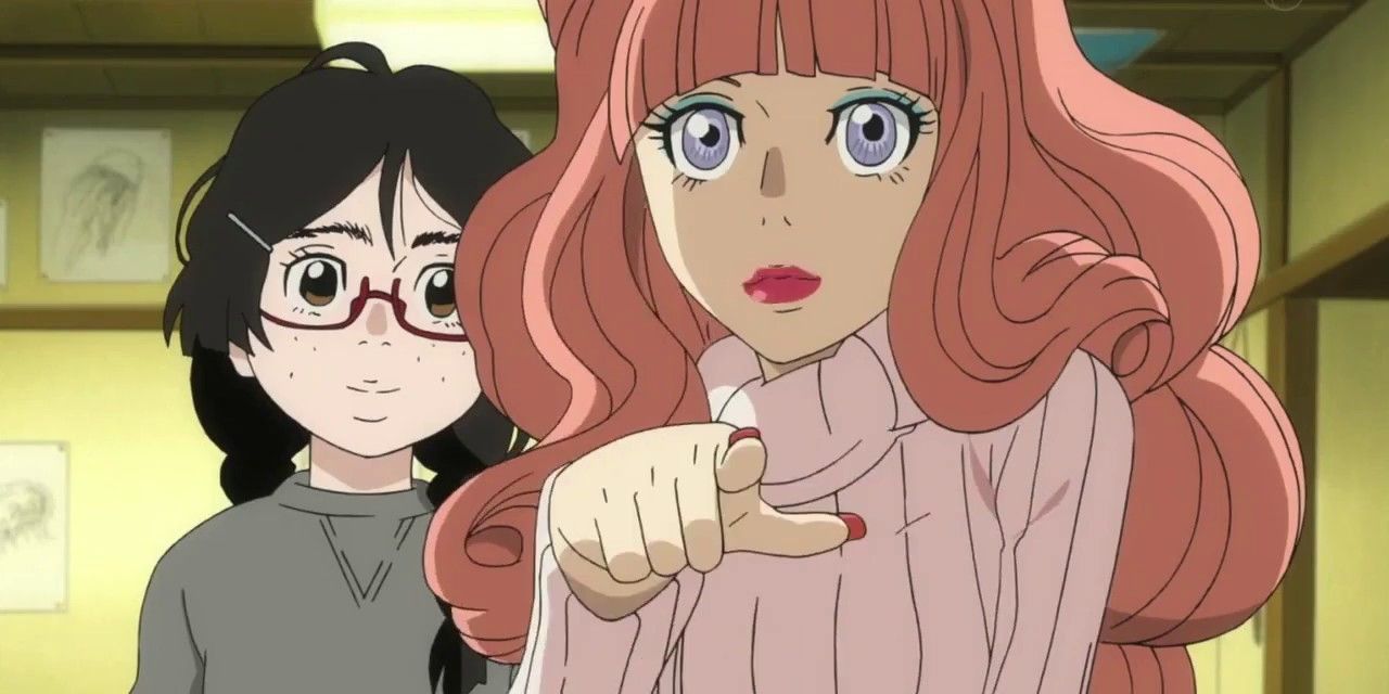 Kuranosuke is pointing at the viewer while Tsukimi stands in the back. 