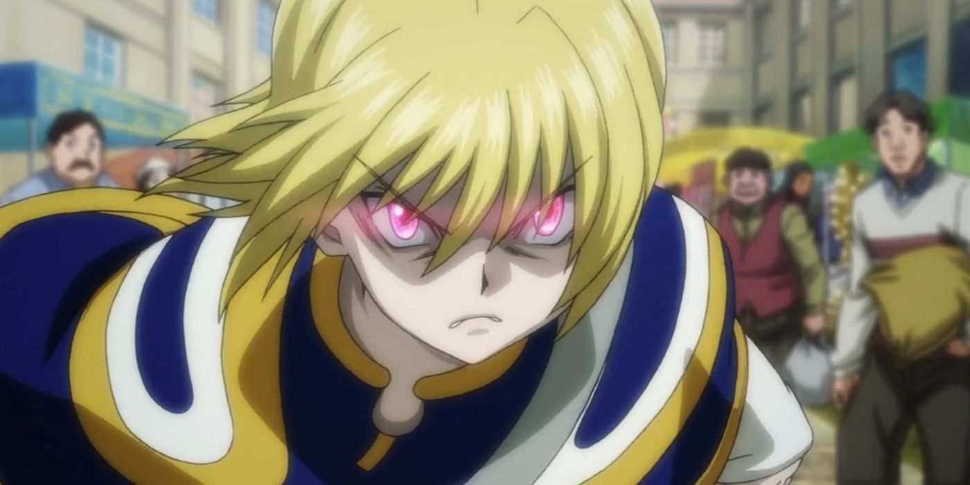 Kurapika with glowing scarlet eyes in Hunter x Hunter.