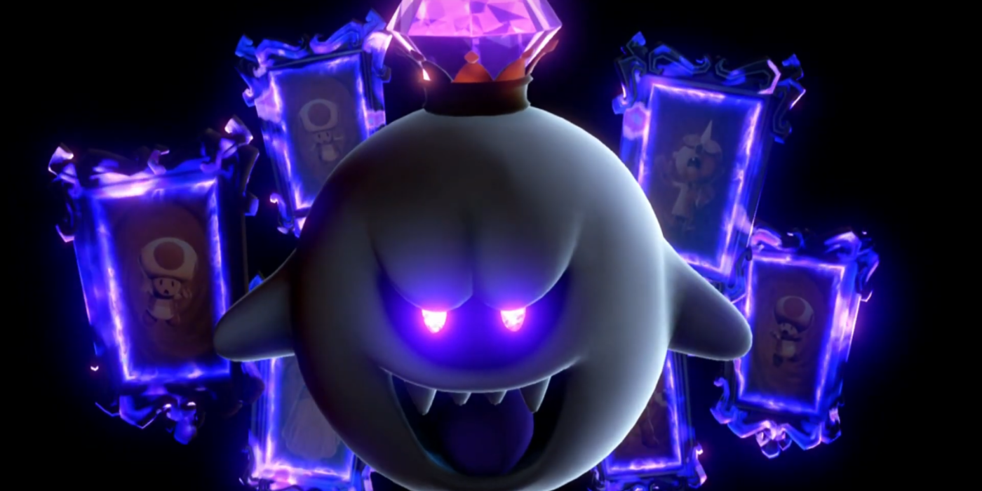 King Boo from Luigi's Mansion with purple eyes and Toads trapped in portraits.
