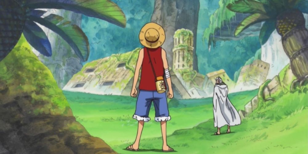 Anime Luffy and Rayleigh getting ready to train on Rusukaina Island in One Piece 