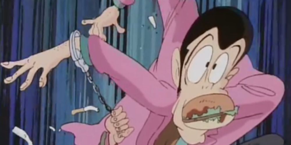 Lupin catches a burger in his mouth in Lupin the 3rd Part III