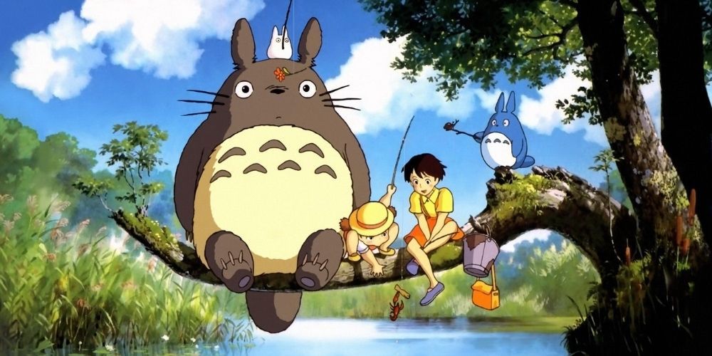 Mai and Satsuki with Totoro and friends sitting on a tree in My Neighbor Totoro.
