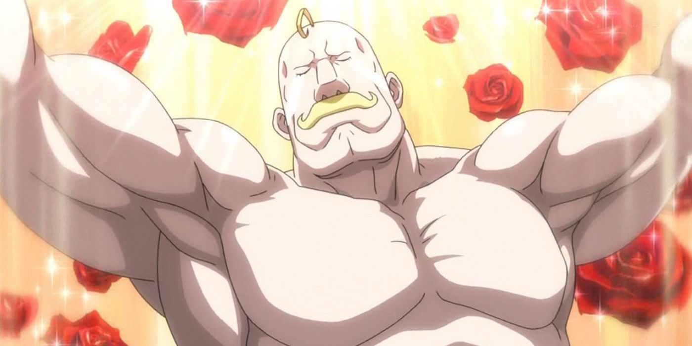 Major Armstrong from Fullmetal Alchemist: Brotherhood dancing in-a field of roses.