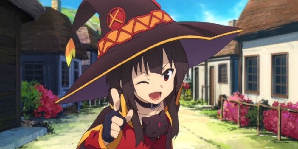 Megumin winking and pointing at the camera from in KonoSuba