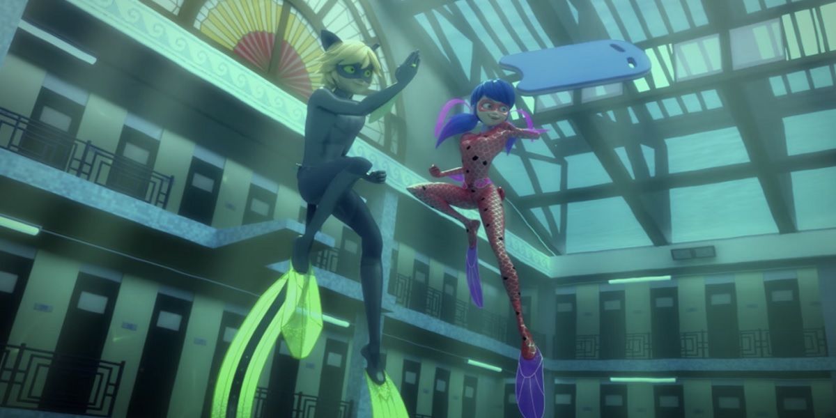 An image of Miraculous Ladybug and Cat Noir in their water forms.