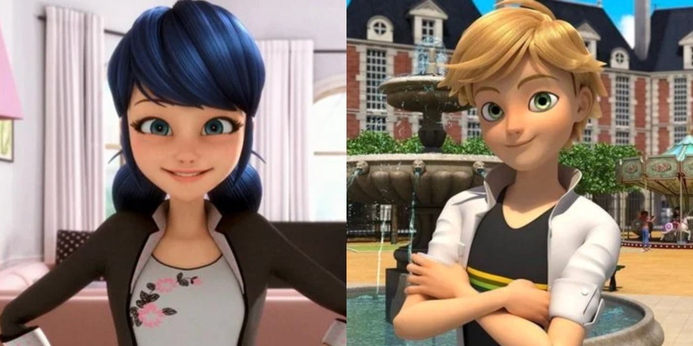 A split image features Marinette and Adrien in Miraculous Ladybug