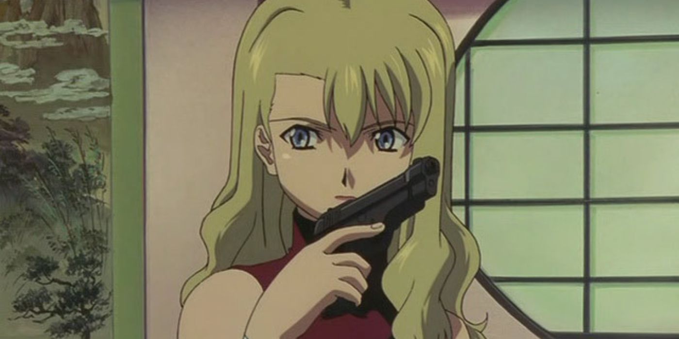 Mireille holding a gun in Bouquet Noir