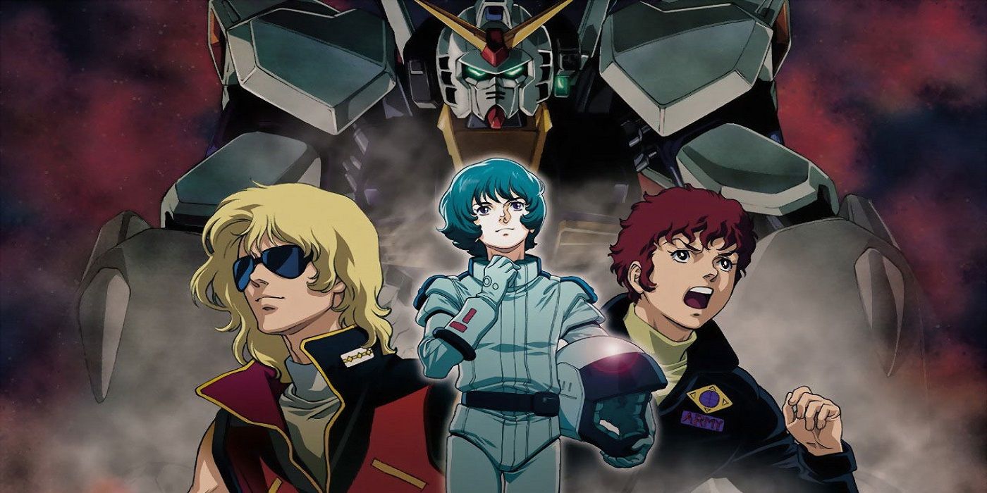 The protagonists of Zeta Gundam Kamille at the center, Char and Amuro on either side, with the Zeta Gundam looming above all three.