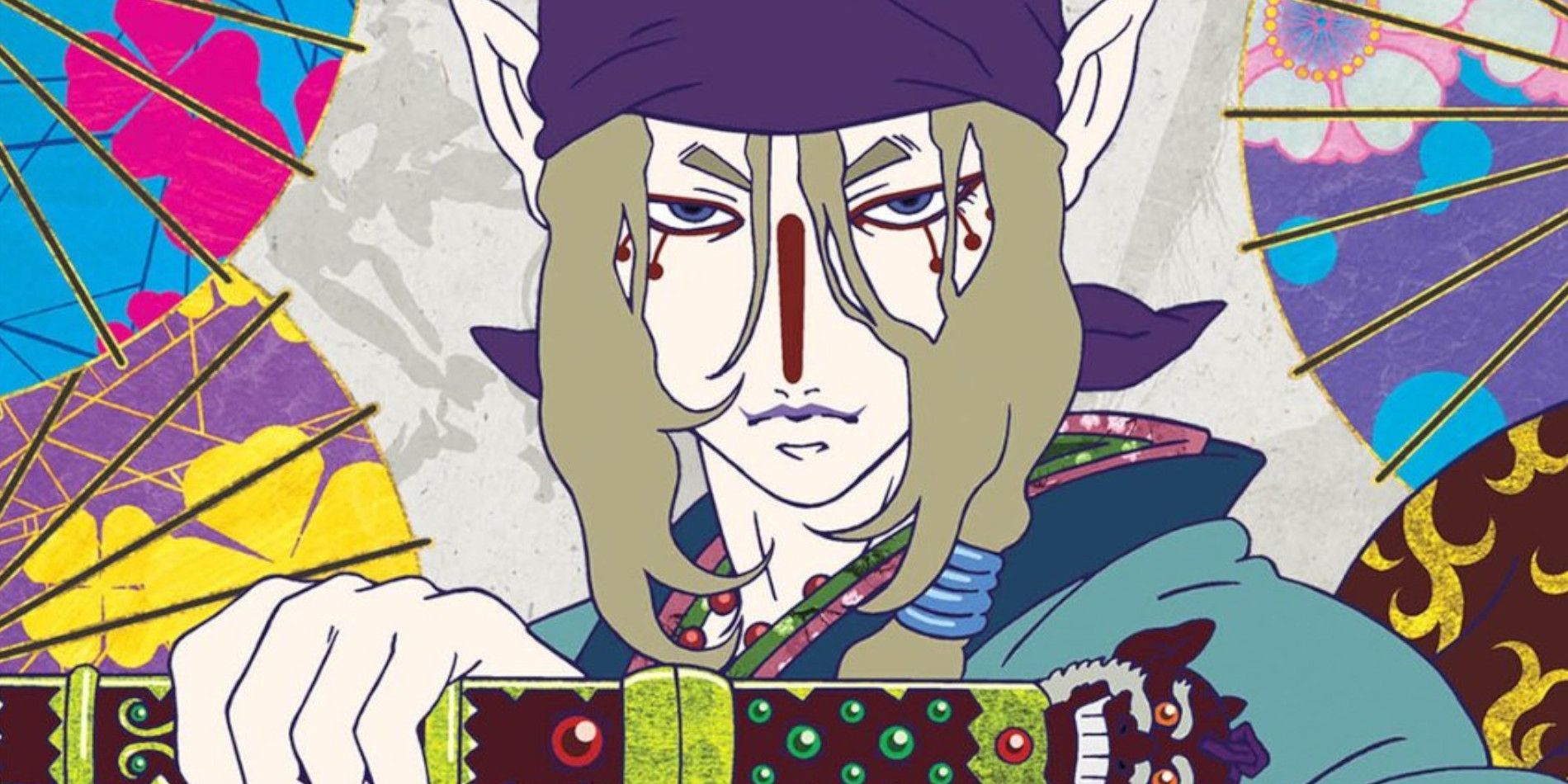 The medicine seller from the anime Monoke – an anime in a pattern-heavy style