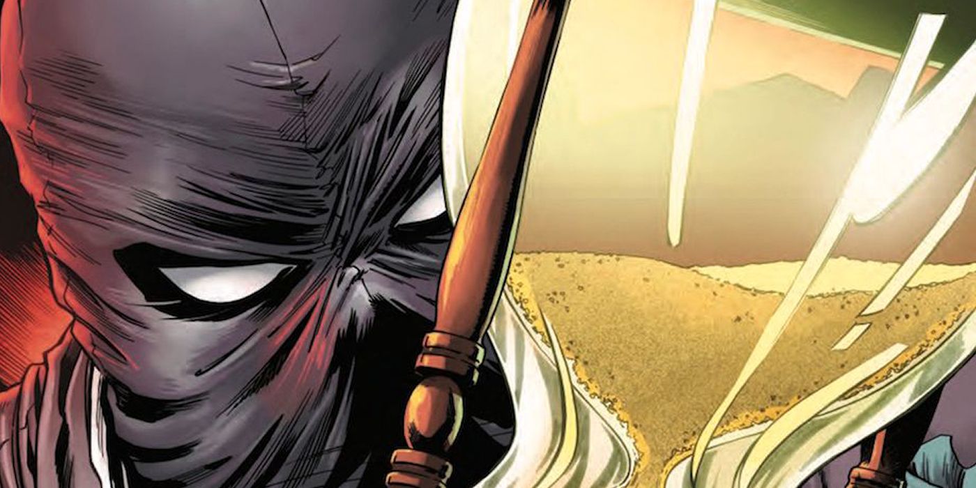 An image of Moon Knight peering into an hourglass