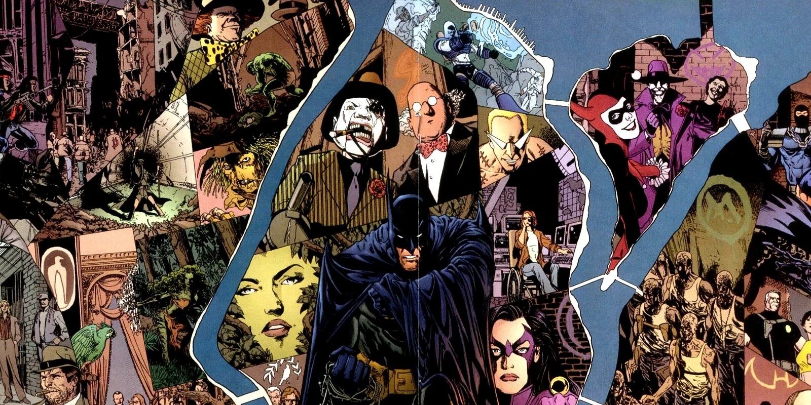 Spread from the comic No Man's Land with Batman and a collage of supporting characters behind him.