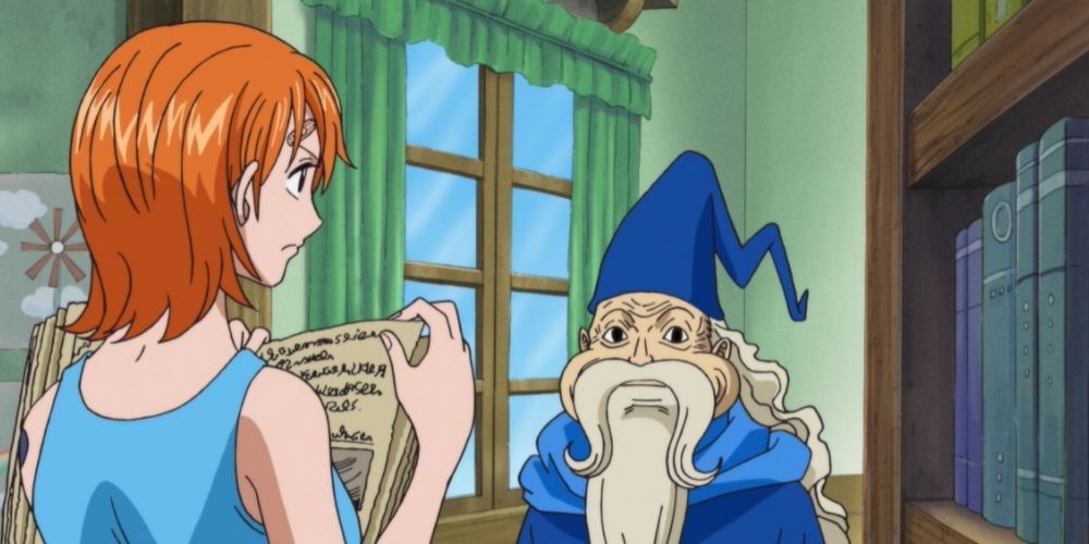 Nami looking at a book while talking to Haredas in One Piece