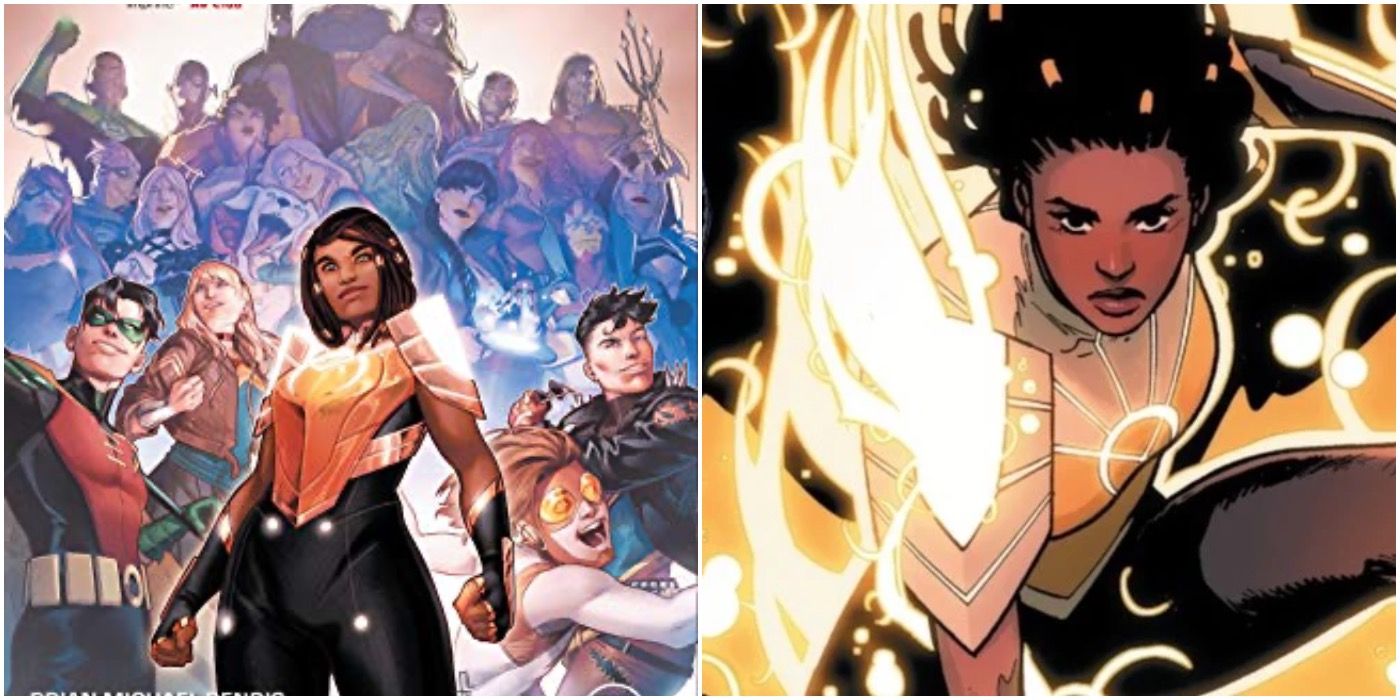Split image of Naomi standing with the rest of Young Justice and Naomi powering up to fight.