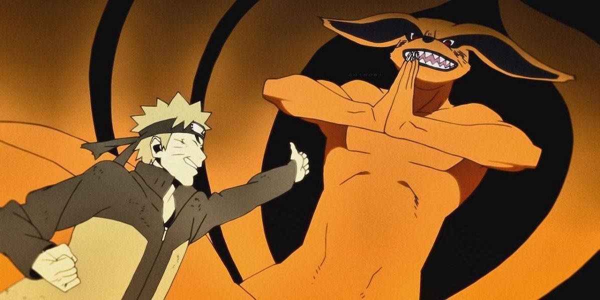 Naruto and Kurama fighting in Naruto.