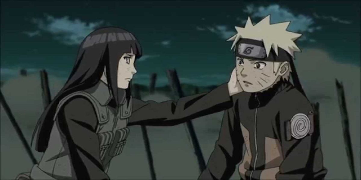 Hinata's hand on Naruto's cheek in Naruto.