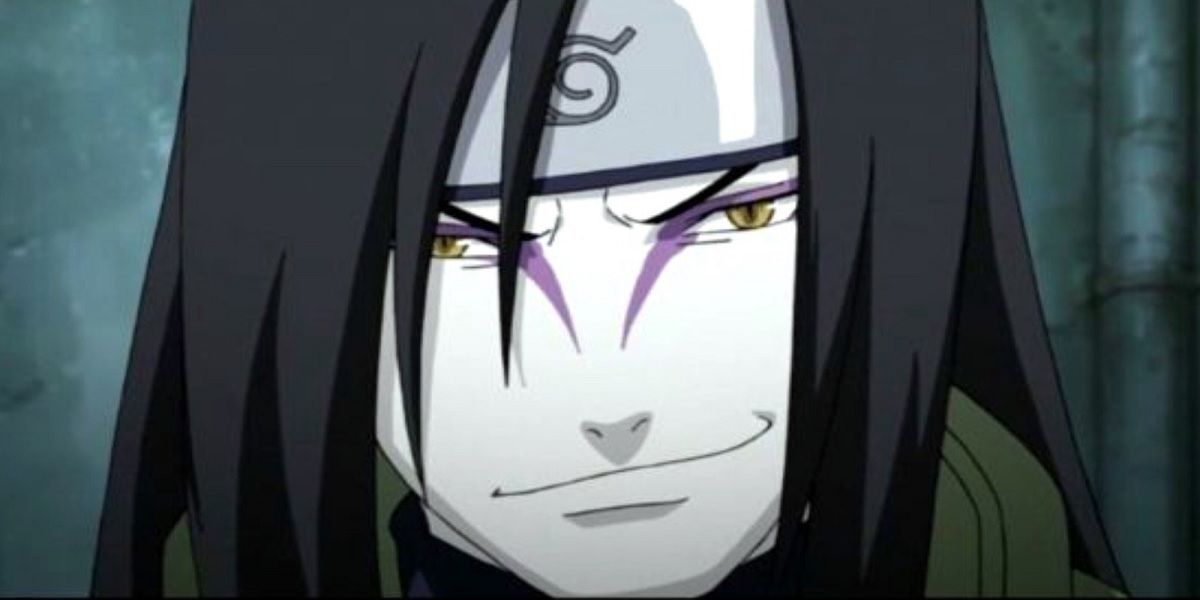 Orochimaru smirking wearing his Hidden Leaf Village headband in Naruto.