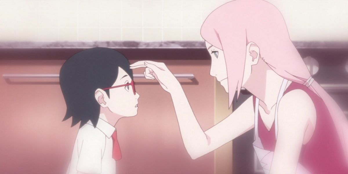 Sakura poking young Sarada's forehead in Boruto