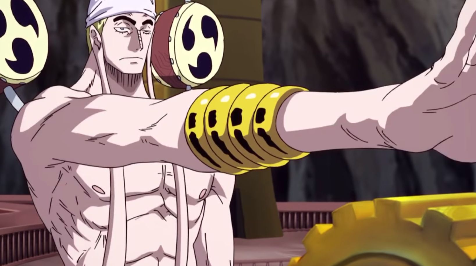 A One Piece still shows Enel moving out his hand as he prepares to fire lightning