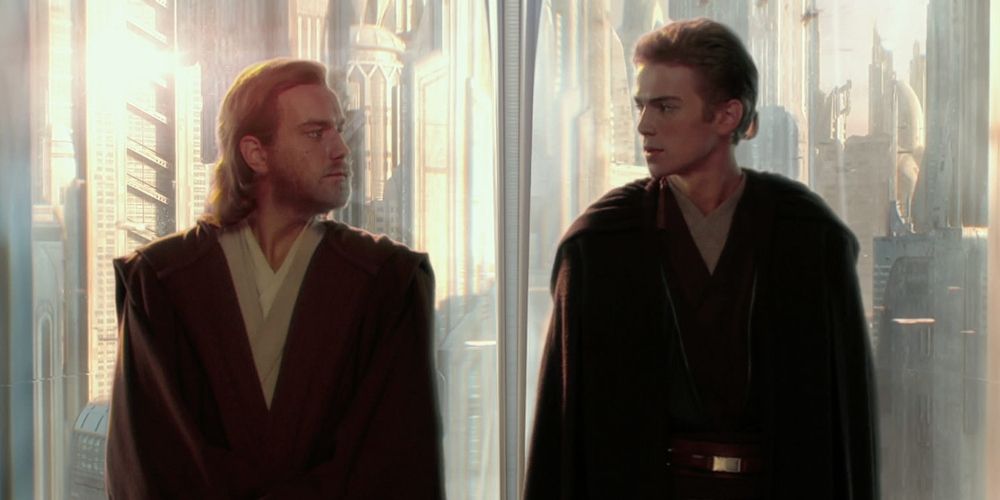Obi-Wan Kenobi and Anakin Skywalker in an elevator in Star Wars Episode II: Attack of the Clones