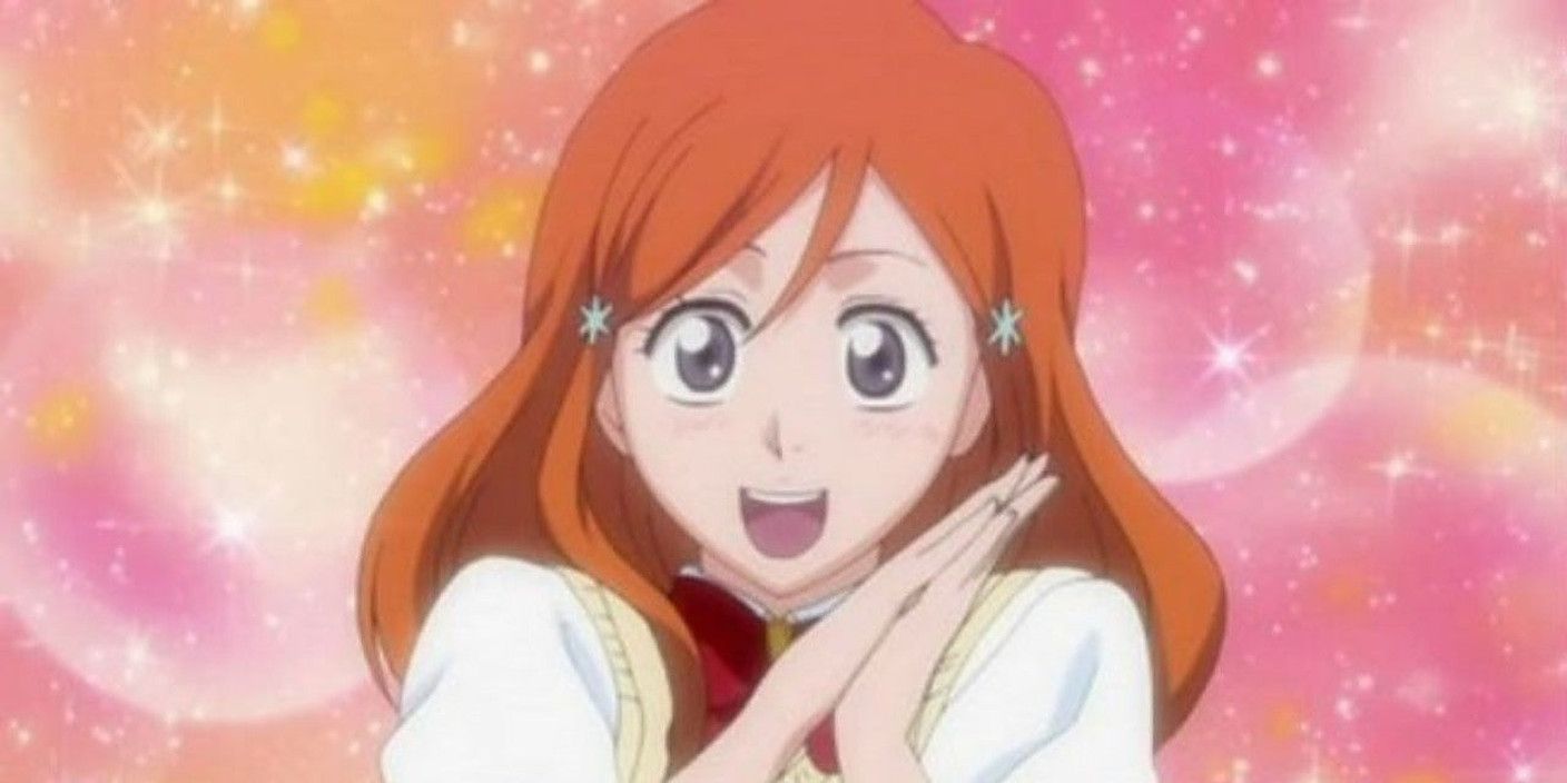Orihime from Bleach is very happy.