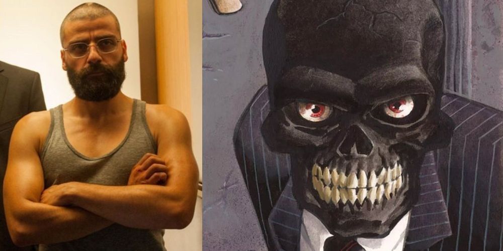 A split image of Oscar Isaac in Ex Machina and Black Mask