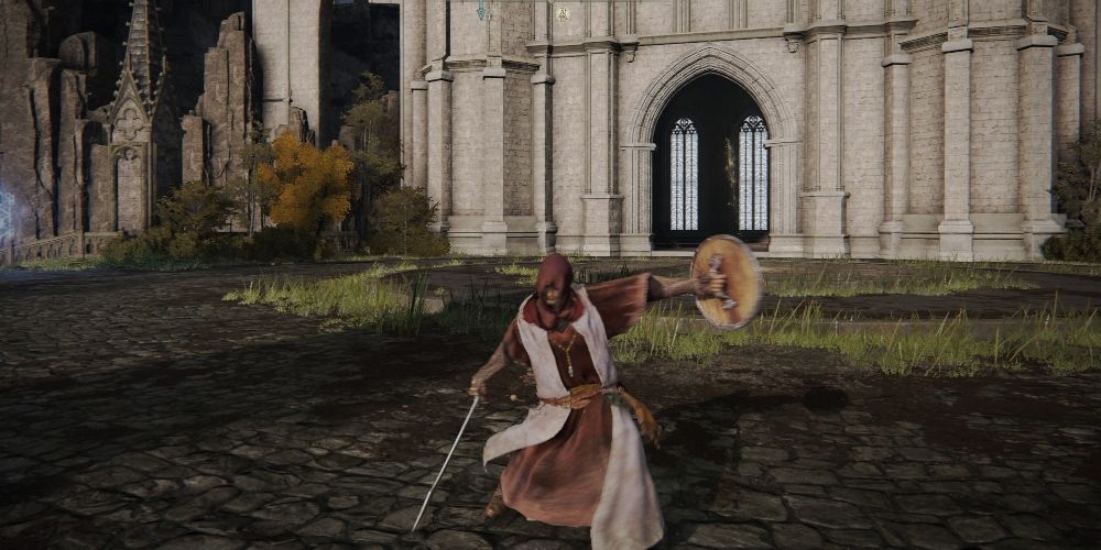 A Tarnished parrying with a buckler in Elden Ring
