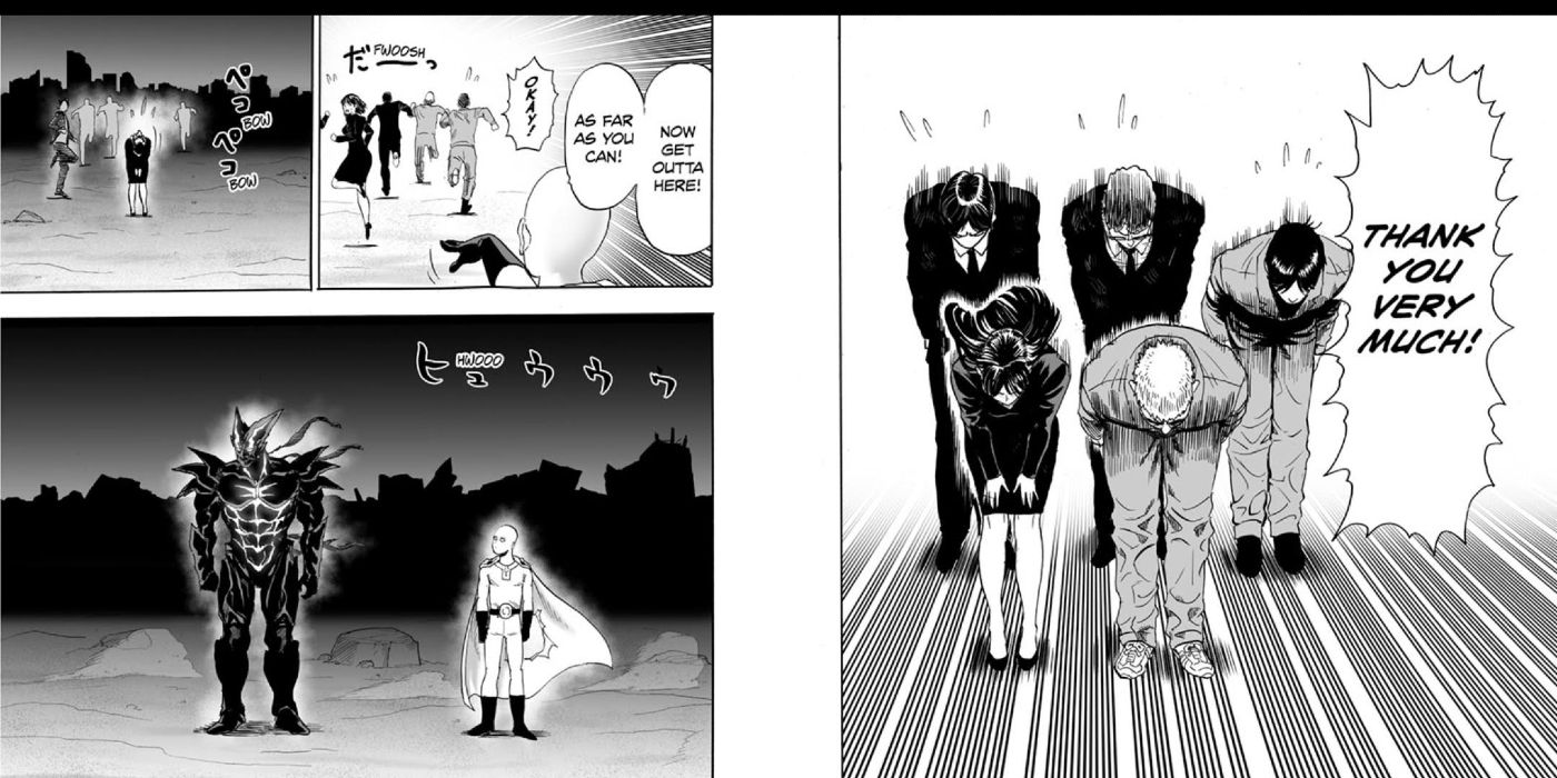 Pessoas agradecendo a Garo em One-Punch Man