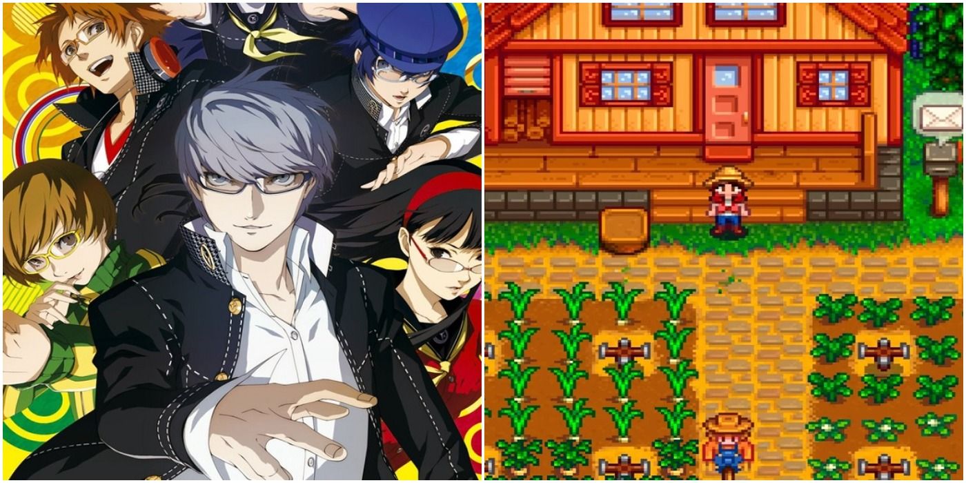 Featured image for an article about games to play if you like Persona 5; a split image depicts Persona 4 Golden and Stardew Valley.