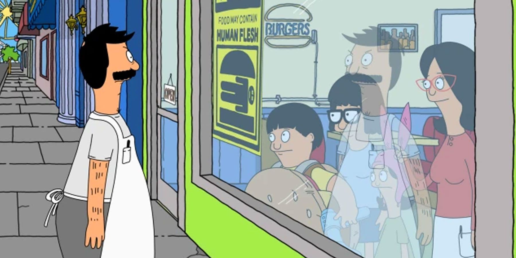 Bob staring angrily at the window while his family watches in Bobs Burgers