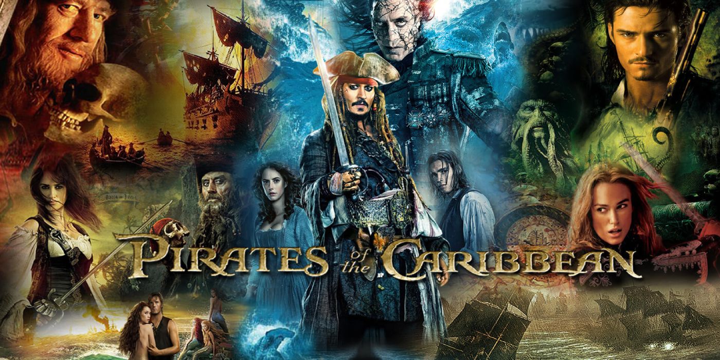 A collage of the Pirates of the Caribbean movie poster